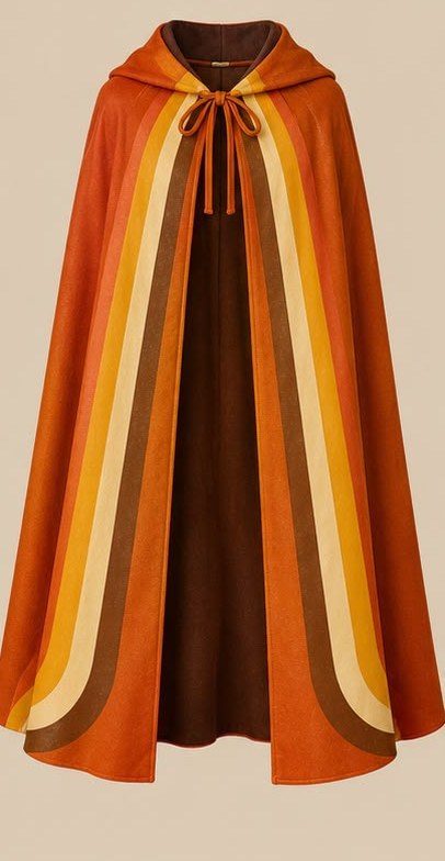 Orange hooded cape with seventies sunset stripes