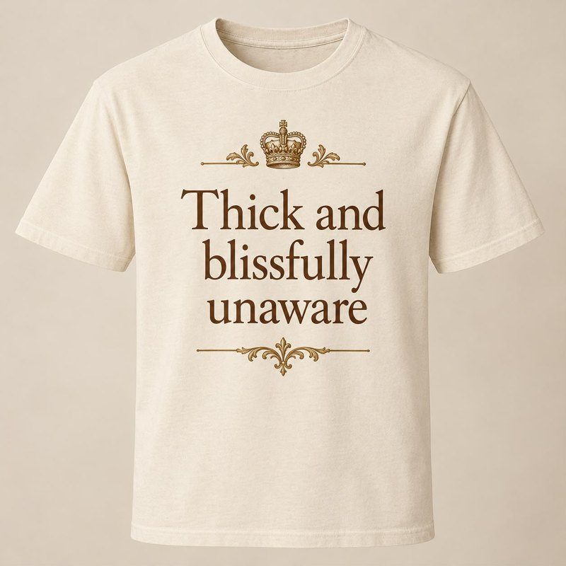 Oat tee with gold crown and serif print reading Thick and blissfully unaware